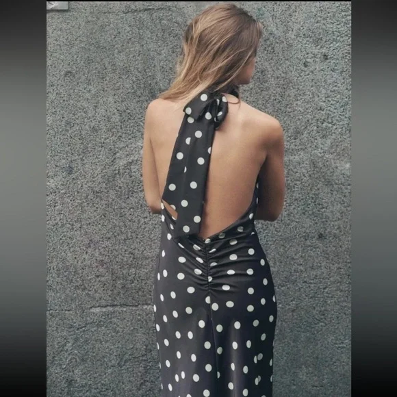 ZARA POLKA DOT SATIN MIDI DRESS - Picture 10 of 15